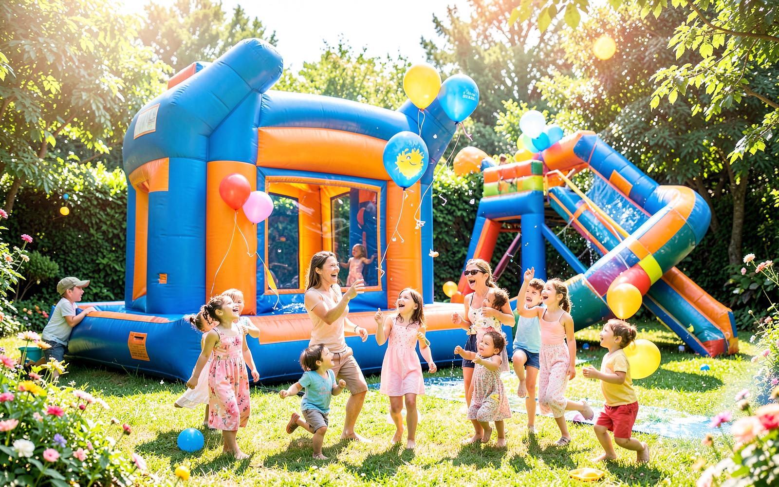 Children playing at a PLAYDROP party with a bouncy castle and water slide
